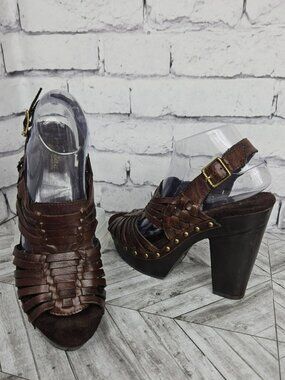 Josef Seibel Maddy Brown Woven Leather Platform Sandals Womens 8.5 M Retro Heels